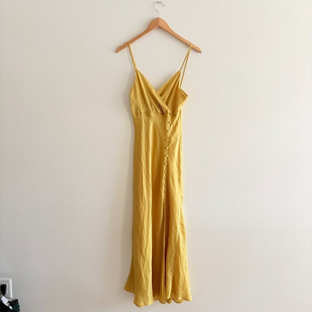 Zara Satin Effect Button V Neck Midi Dress Mustard Yellow Size Medium Blogger - Picture 4 of 8
